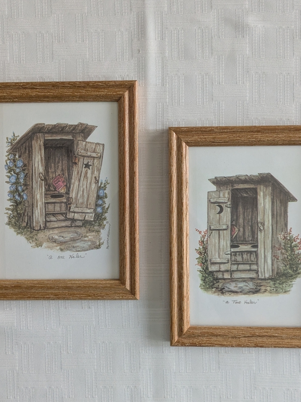 Vintage Framed Outhouse Watercolor Art Prints - Set of 2 ("A One Holer" & "A Two